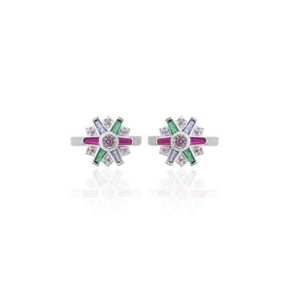 Elegant silver toe rings featuring a hexagonal design with multiple gemstones