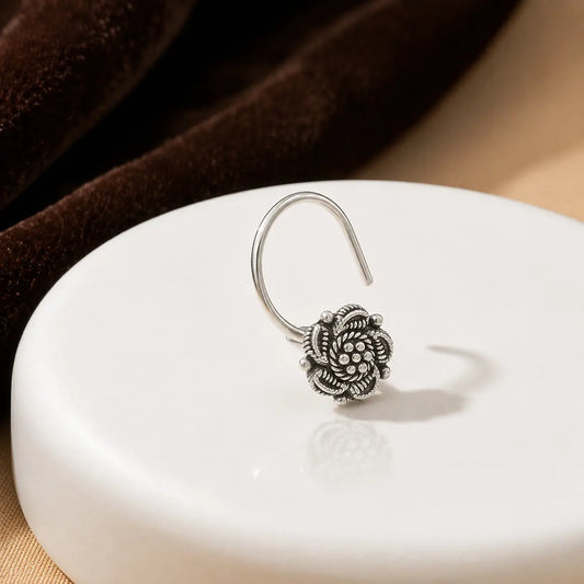 Silver Oxidised Flower Design Nosepin