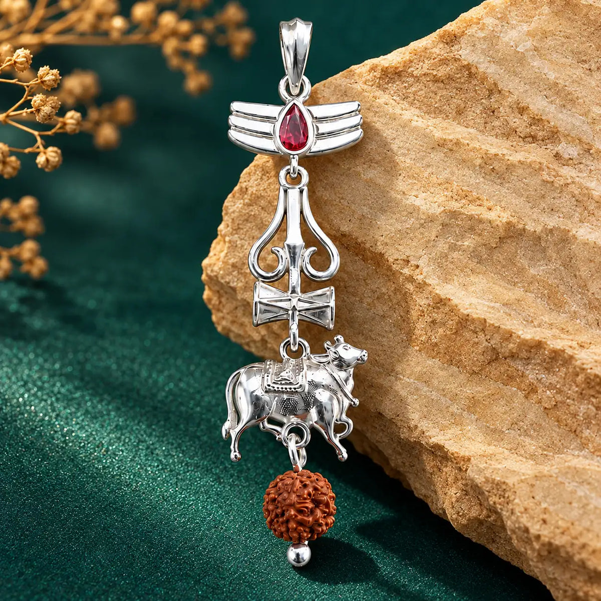 Silver Nandi Mahadev Trishul Rudraksha Pendant with Red Stone