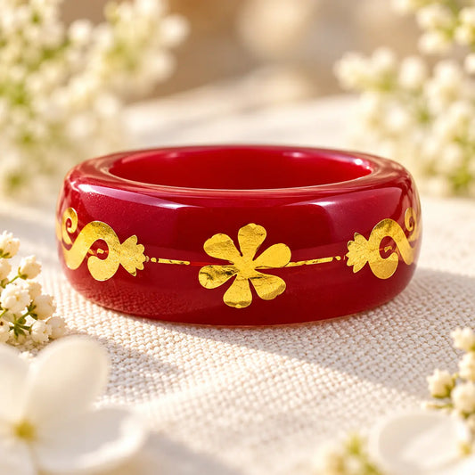 Red Resin Floral Inlay Ring – Handmade Vintage Gold Clover Band
