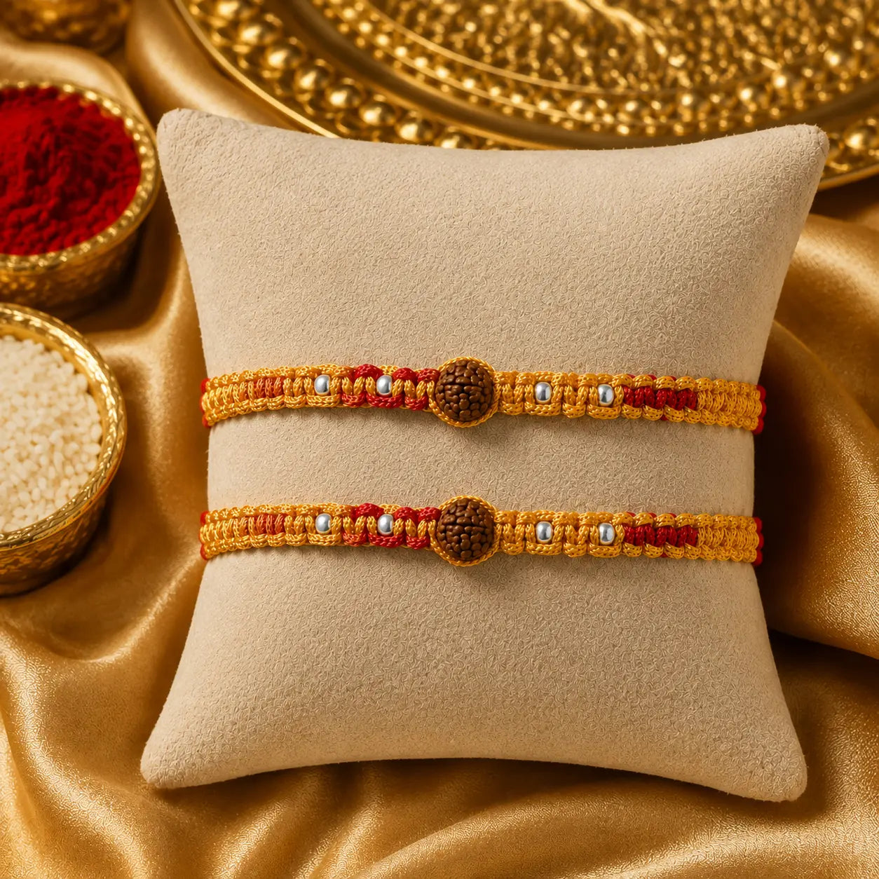 Traditional red Rudraksha Rakhi with natural Rudraksha beads and silver-tone beads