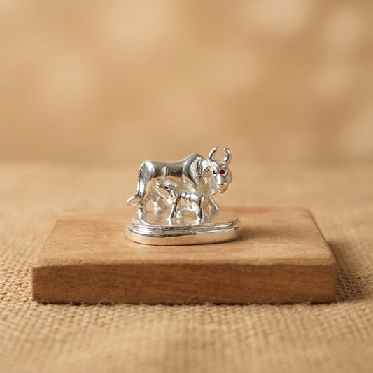 Kamdhenu Cow and Calf Idol - Beautiful Silver Polished Decorative Statue