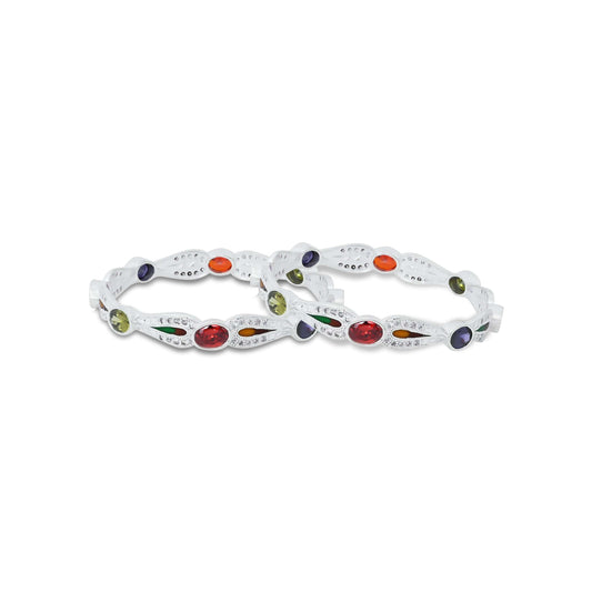 Silver Colorful Gem Stone Tilak Design Chudi for Girls