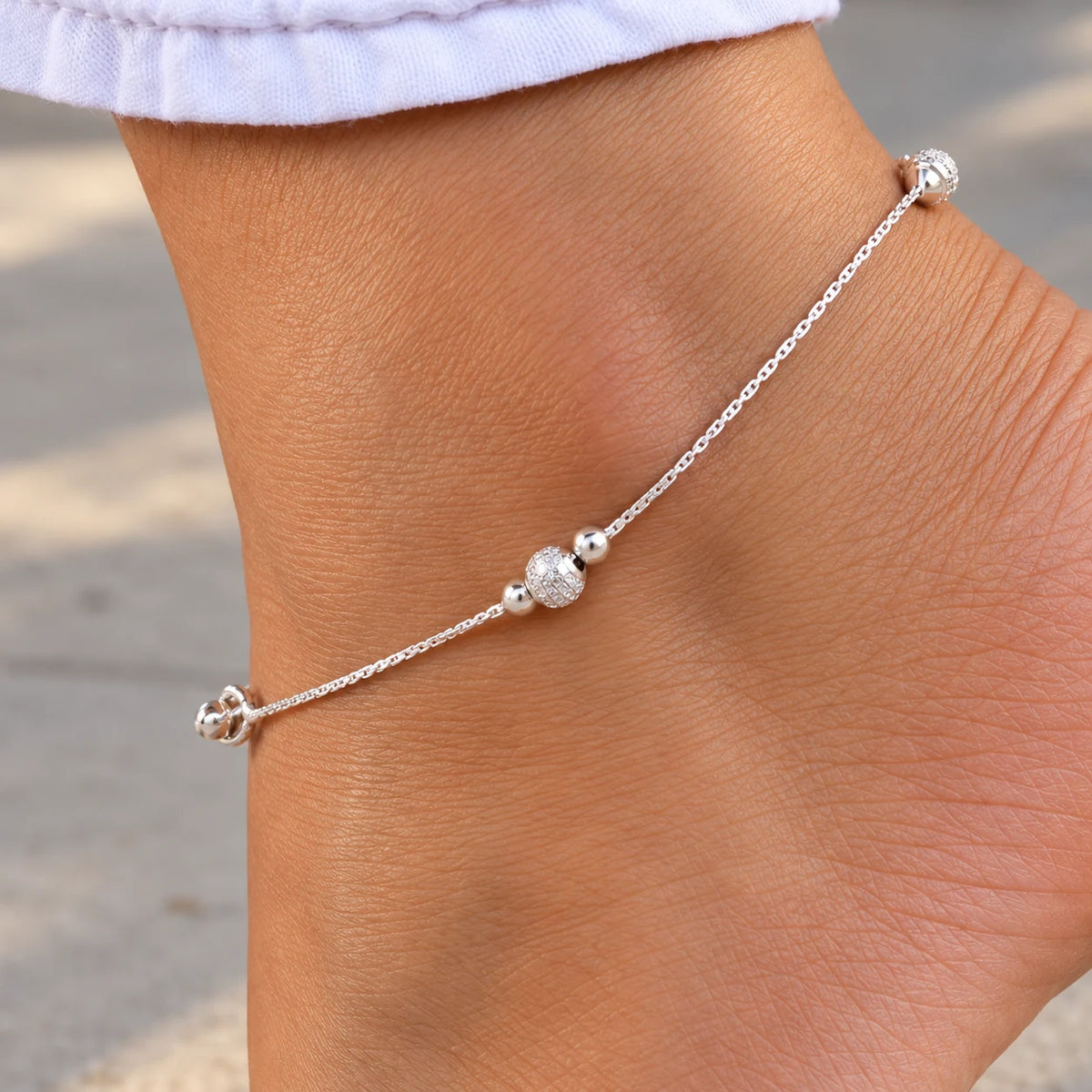 Twilight Bead Anklet Pure Silver Chain with Spherical Beads