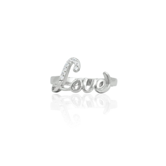 925 silver ring for women featuring a dazzling love script design with a polished finish