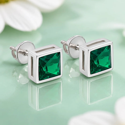 Beautiful Silver Stud Earrings with Square Green Stone