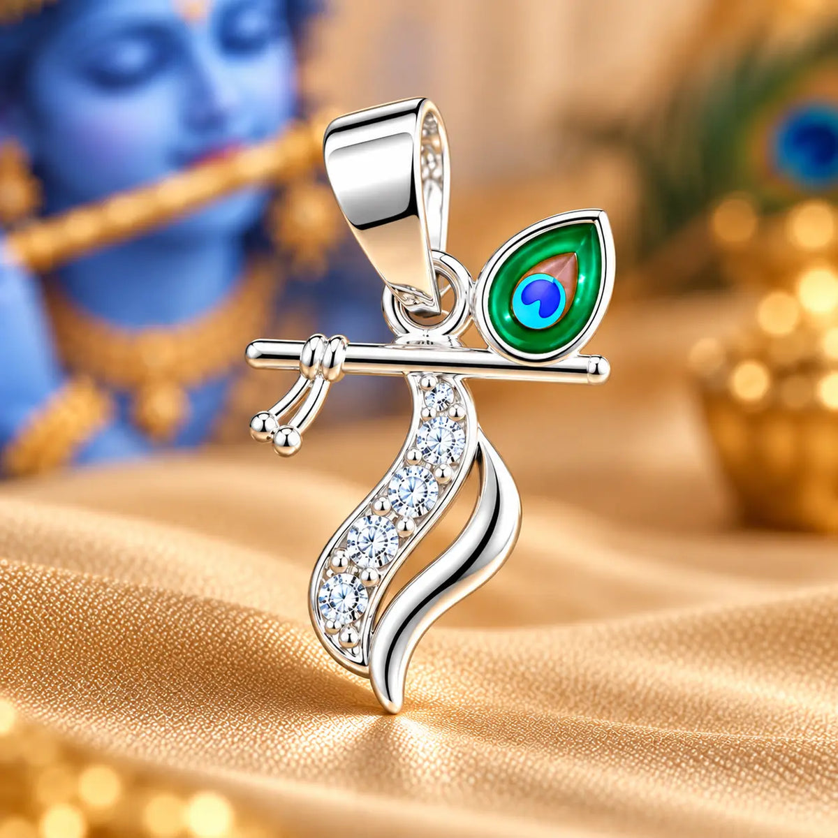 Silver Krishna Flute Pendant with Morpankh Design