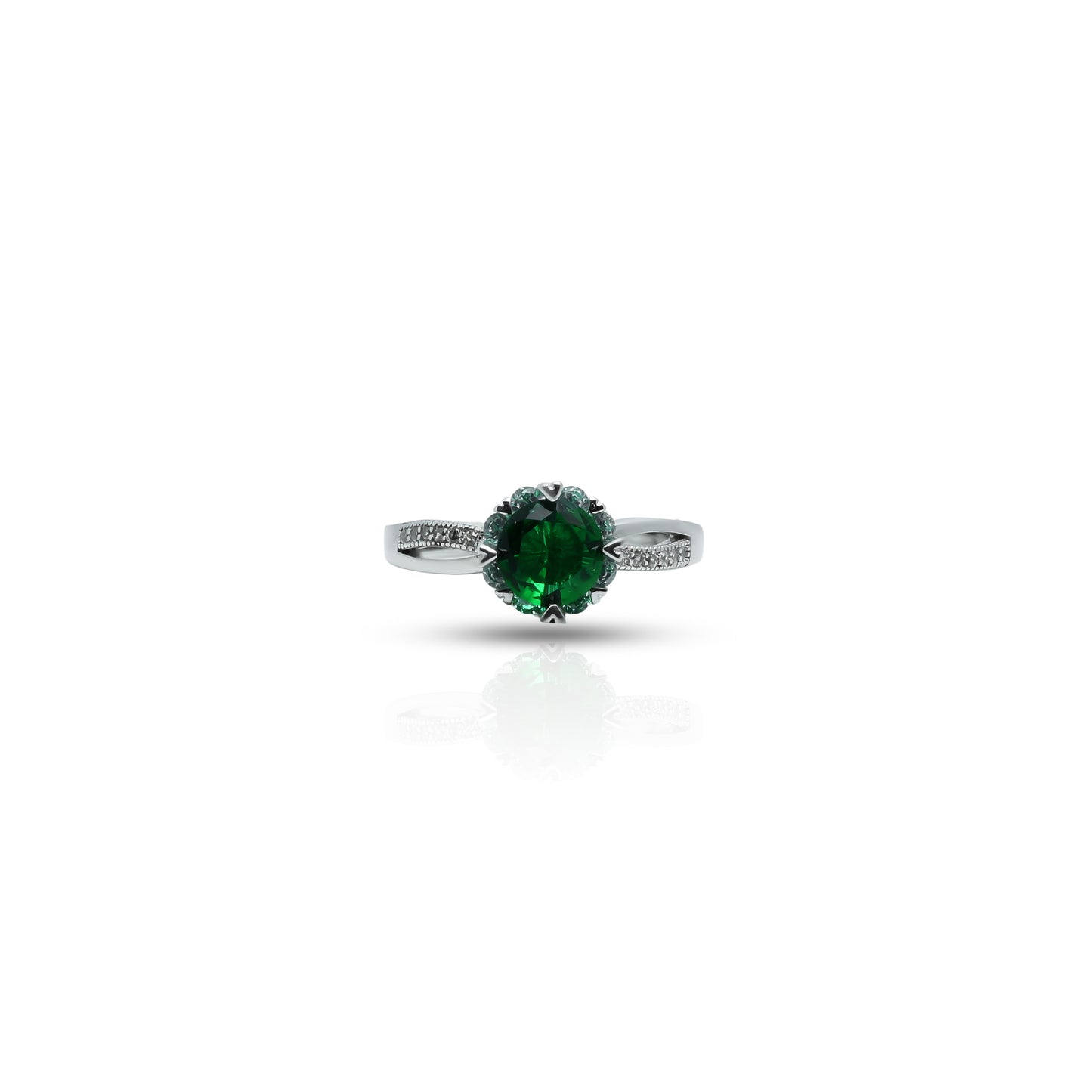 Silver ring with green gemstone and infinity flower design.