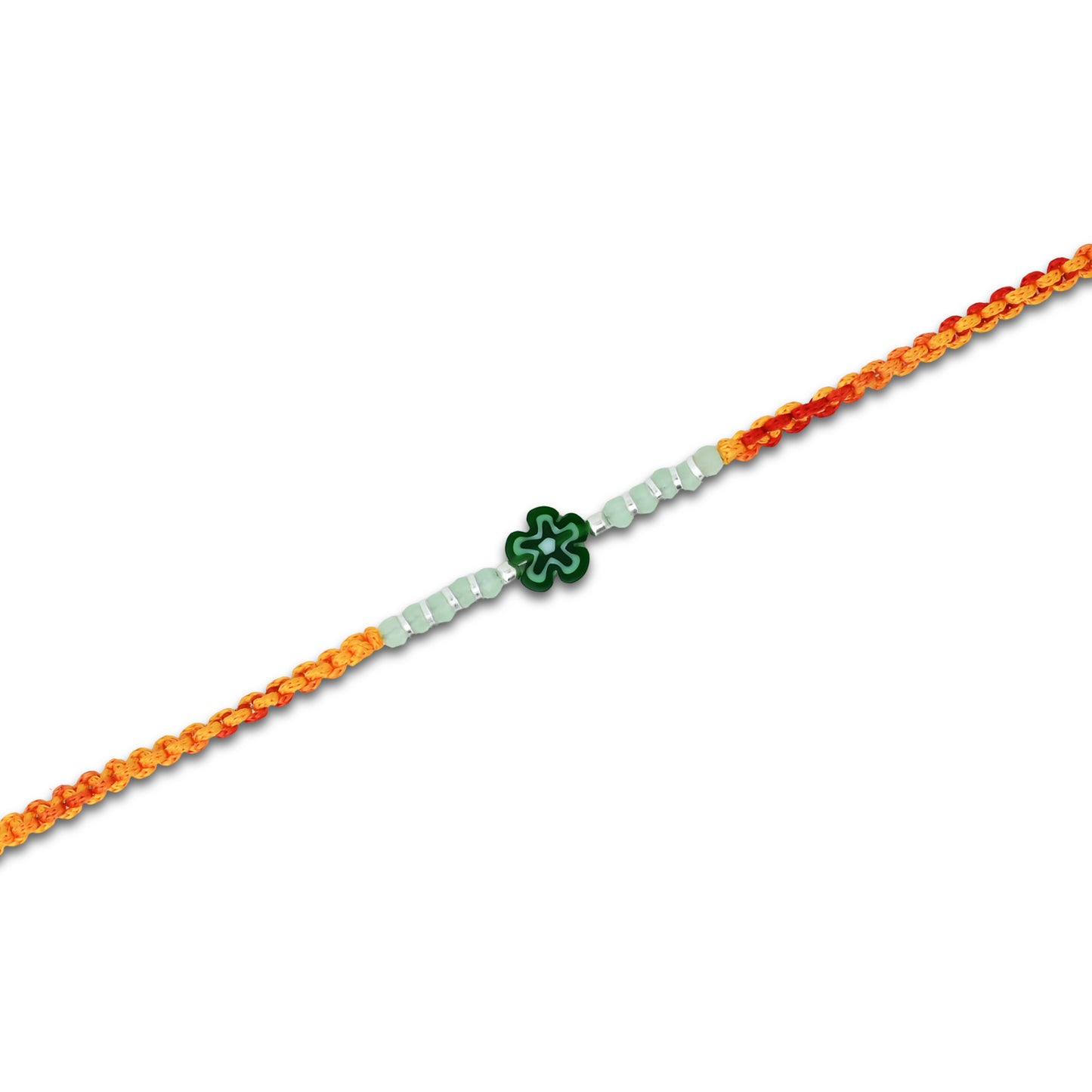 Silver Center Green Flower with Silver and Light Green Beads Rakhi for Boys