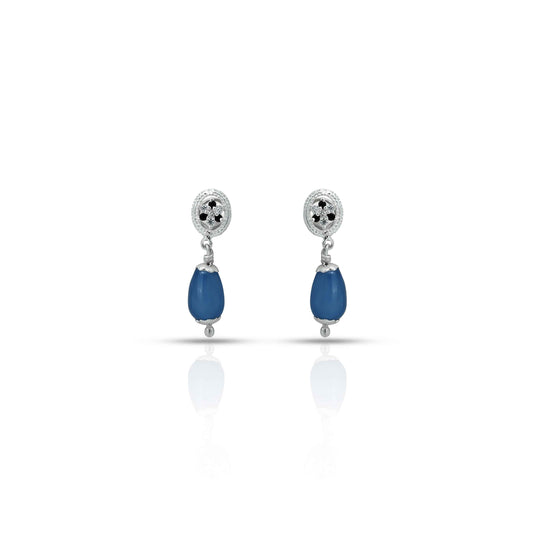 Silver Blue Oval Bead with Flower Design Earring for Girls