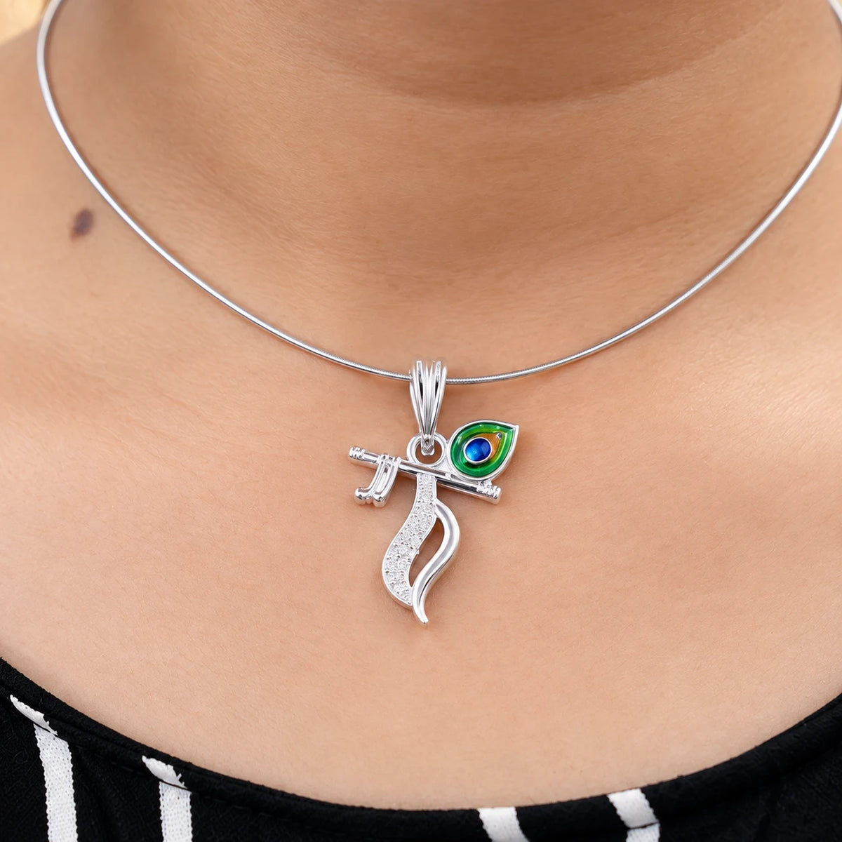 Silver Krishna Flute Pendant with Morpankh Design