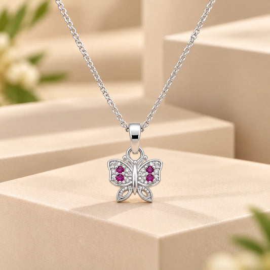 Pink Stone Butterfly Silver Pendant