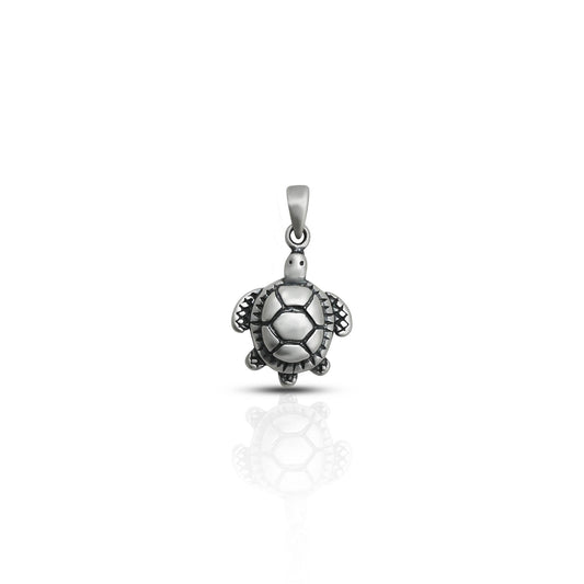 Silver pendant featuring shiny turtles with intricate detailing