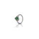 Silver ring with green heart gem and leaf design.