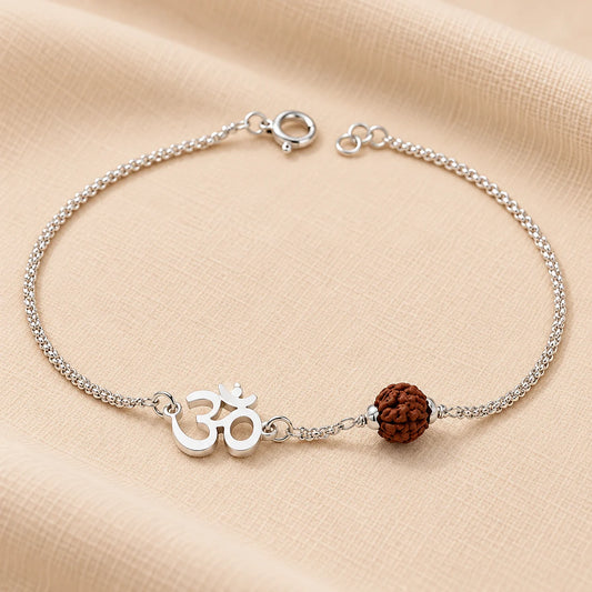 Men’s Silver Rudraksha Bracelet Om Symbol Adjustable