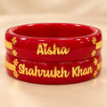 Personalized Red Name Bangles with Golden Floral & Custom Name Design