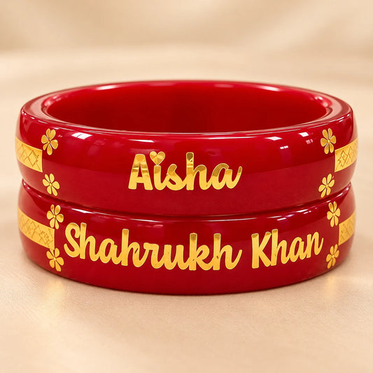 Personalized Red Name Bangles with Golden Floral & Custom Name Design