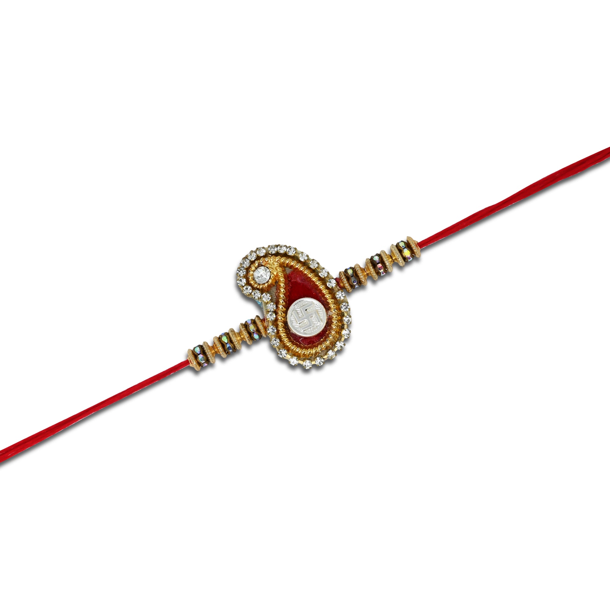Boys' Rakhi featuring a silver Swasthik centerpiece with a red theme and vibrant colorful beads