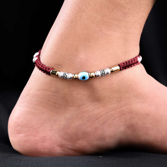 Versatile Silver Anklets with Golden Beads and Red Thread