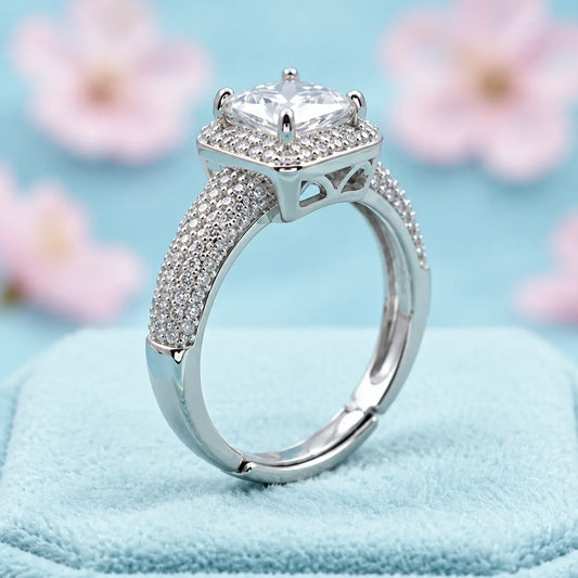 Luxury Cushion-Cut Halo Engagement Ring with Pave Band (925 Sterling Silver)