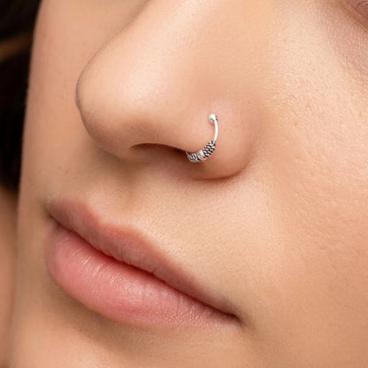 Silver Tribal Nose Ring Traditional Oxidised Nath Design