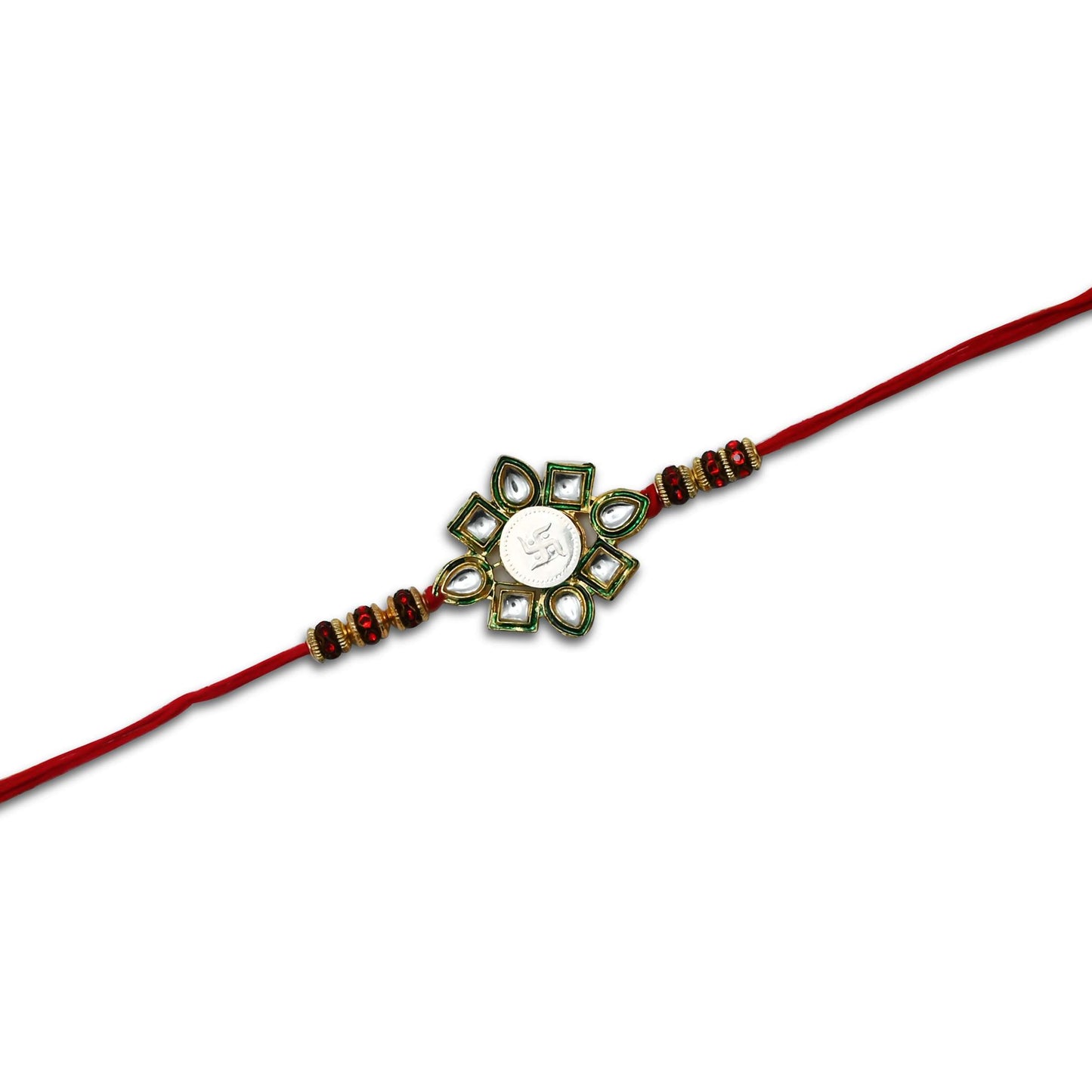 Boys' Rakhi featuring a silver Swasthik flower centerpiece with vibrant multi-color beads.