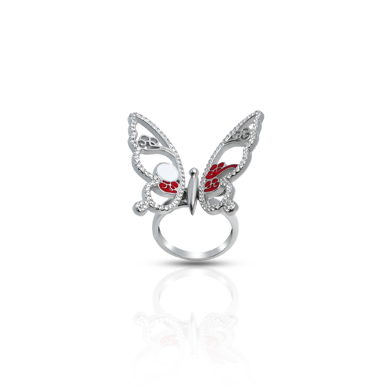 Elegant silver ring featuring butterfly wing motif.