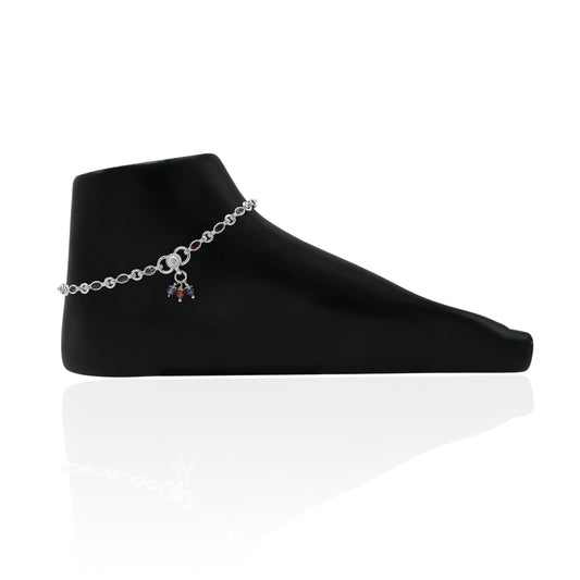 Elegant silver anklet for girls adorned with light purple oval gems and silver bead accents