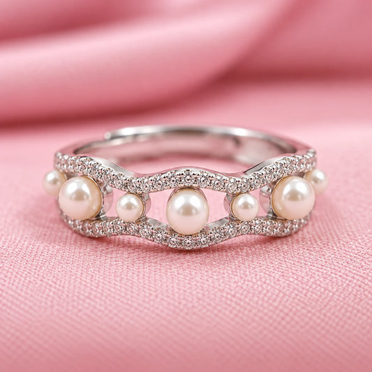 Elegant Wave Pearl and Diamond Band Ring in Sterling Silver