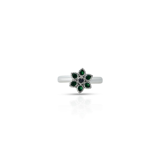 Sterling silver flower ring with green gemstone for babies.