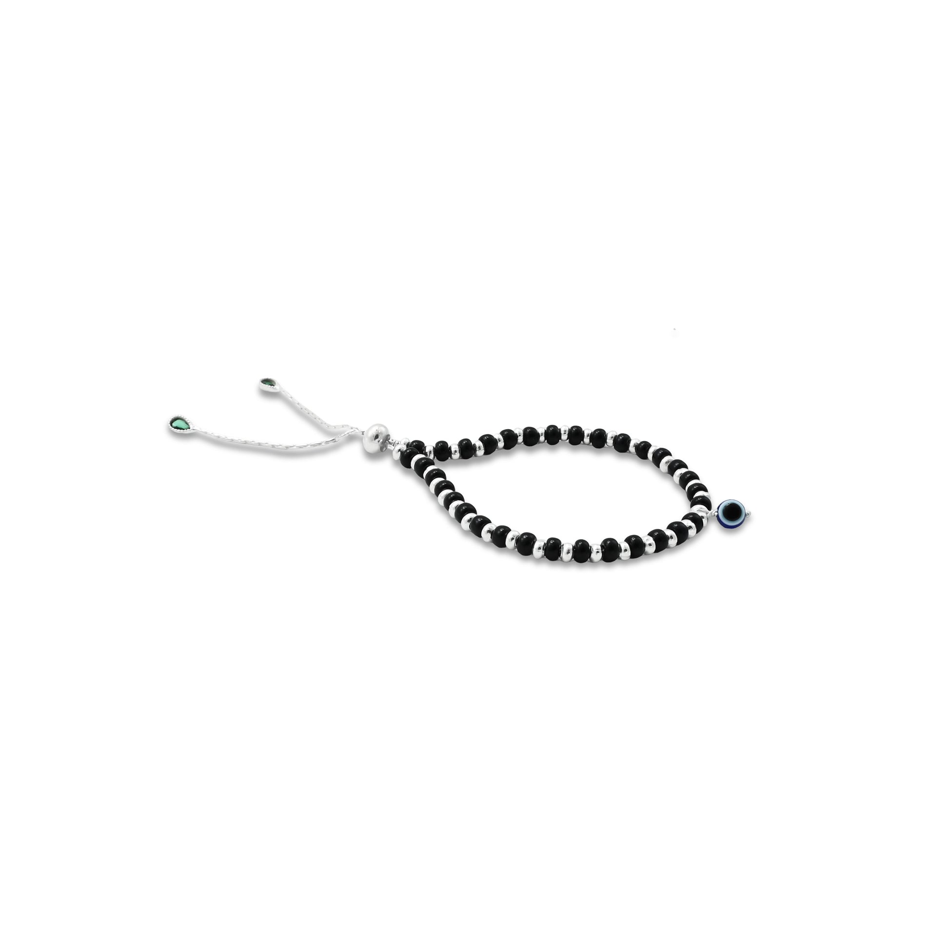 Silver Center Evil Eye with Black and Silver Beads Anklet for Girls