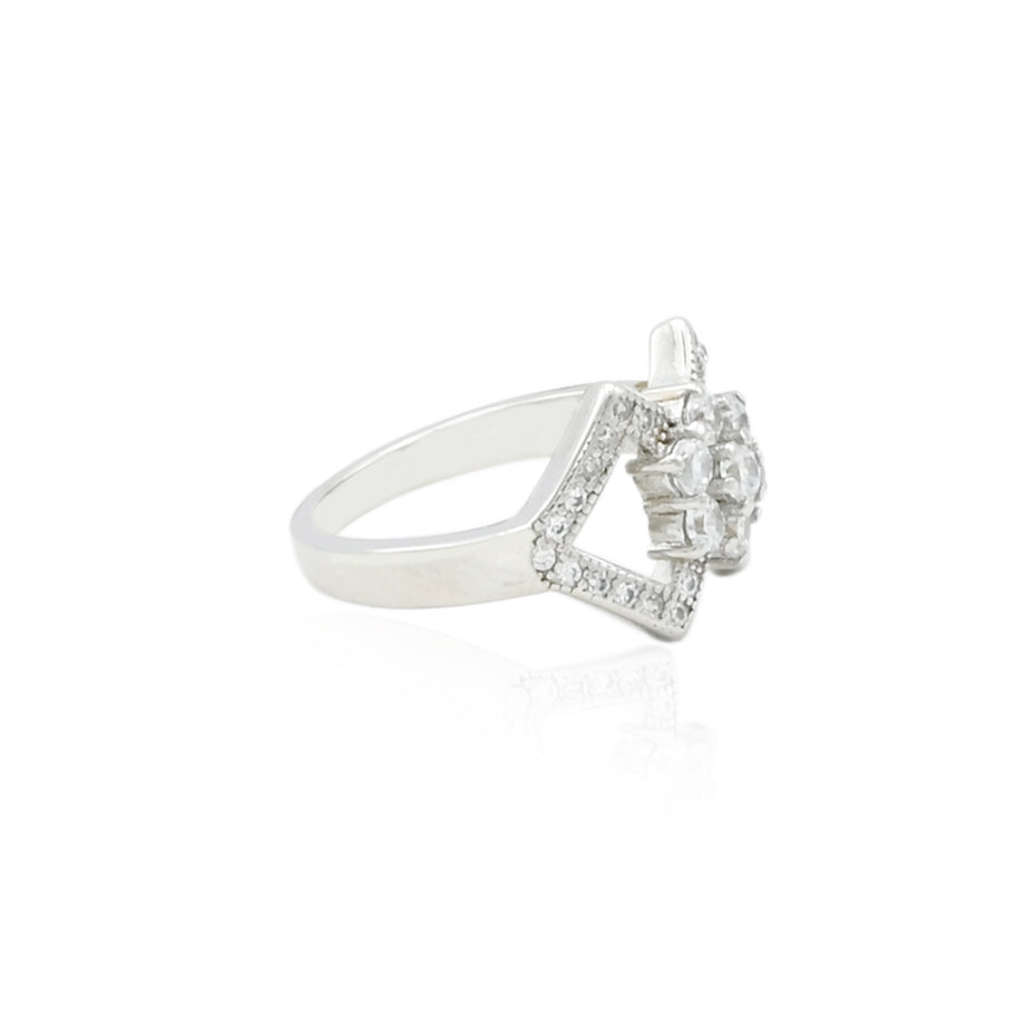 Contemporary silver ring with linked rectangles and delicate flower accents.