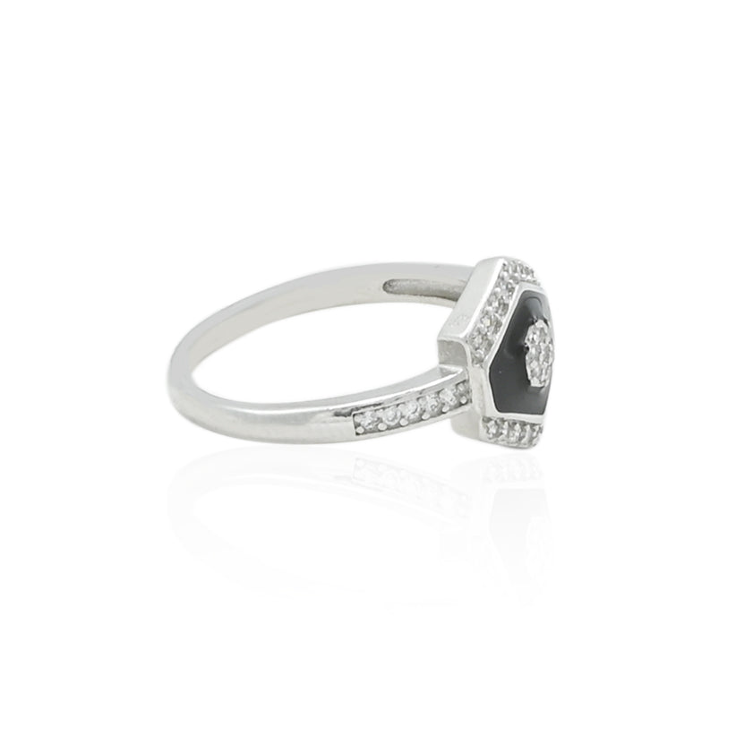 Contemporary silver ring adorned with a bold black stone.