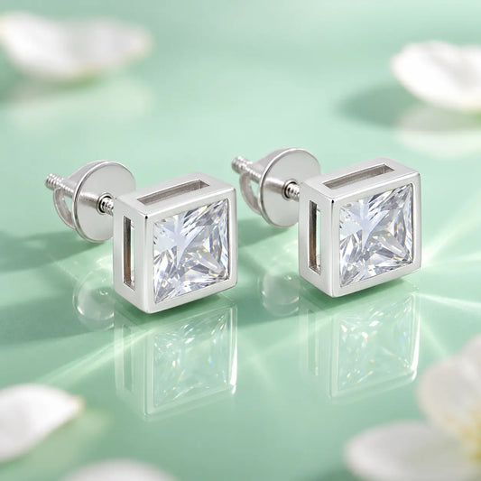 White Square Gemstone Silver Stud Earrings