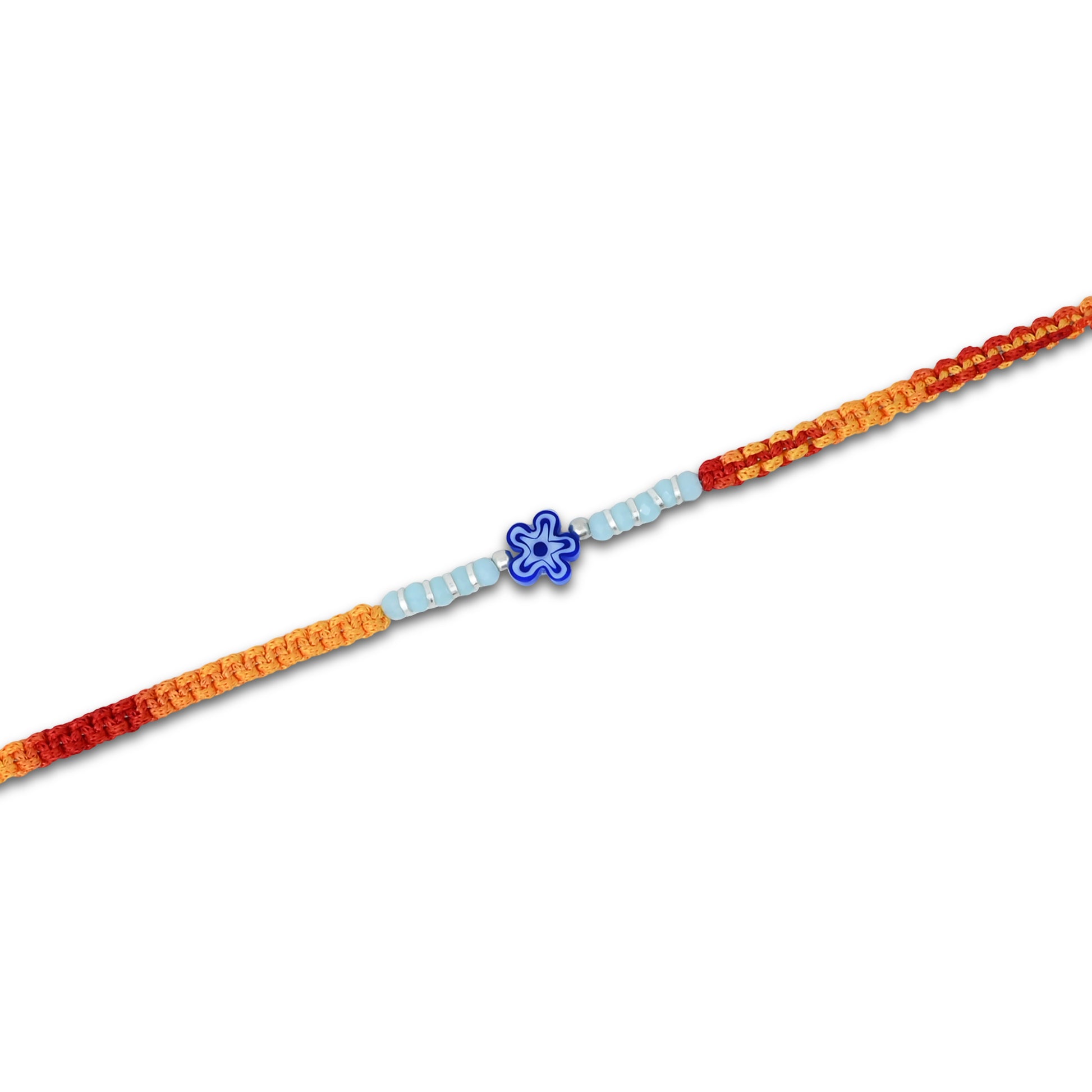 Boys' Rakhi featuring a silver blue flower centerpiece with silver and light blue beads.