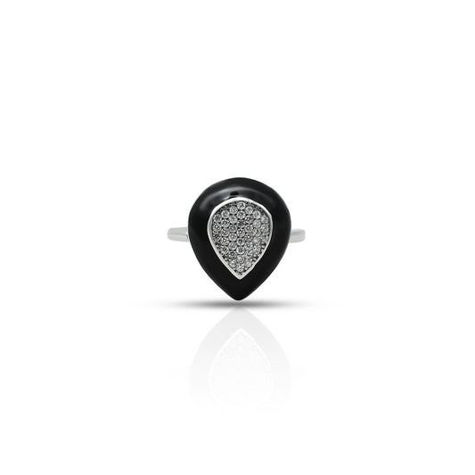 Sterling silver ring with drop CZ stones and black border.