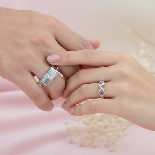 His & Her Silver Couple Rings Infinity Star & Geometric Design