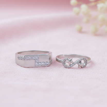 His & Her Silver Couple Rings Infinity Star & Geometric Design
