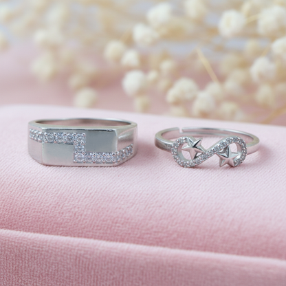His & Her Silver Couple Rings Infinity Star & Geometric Design