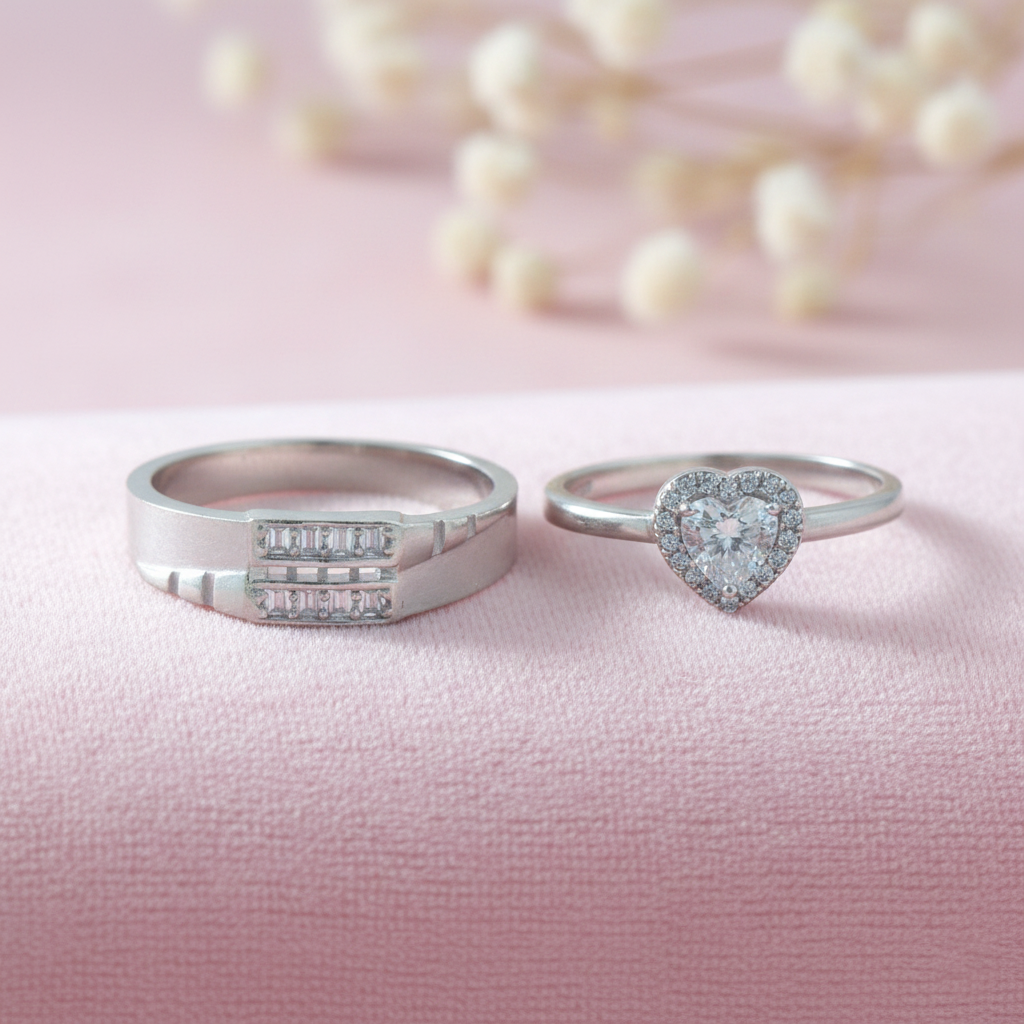 His & Her Silver Couple Ring Combo Heart CZ Ring & Geometric Band