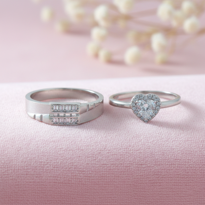 His & Her Silver Couple Ring Combo Heart CZ Ring & Geometric Band