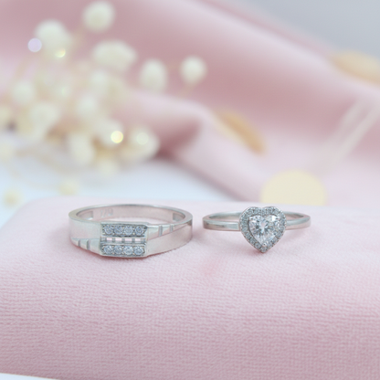 His & Her Silver Couple Ring Combo Heart CZ Ring & Geometric Band