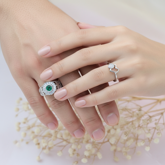 His & Her Silver Couple Rings Green Solitaire Men’s Band & Heart CZ Ring