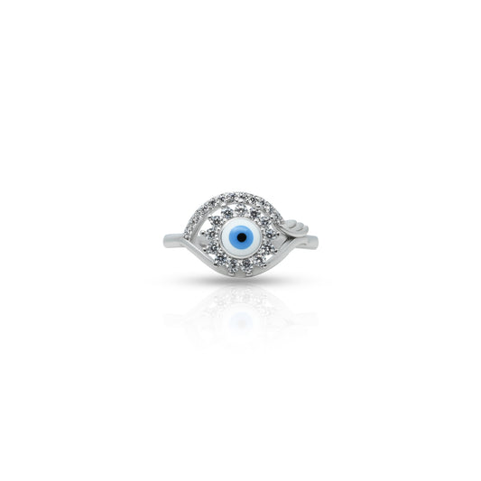 Silver ring with center blue evil eye design.