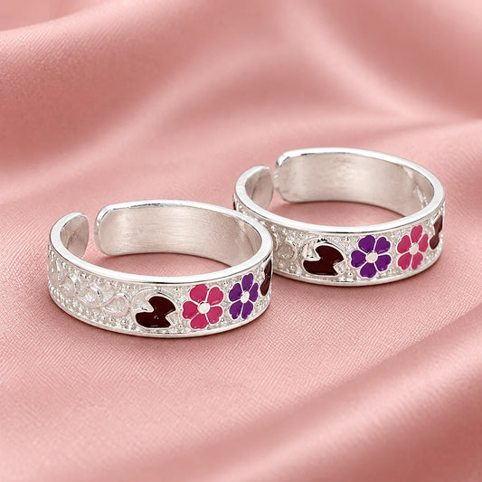 Silver Glamorous Colorful Floral Toe Rings