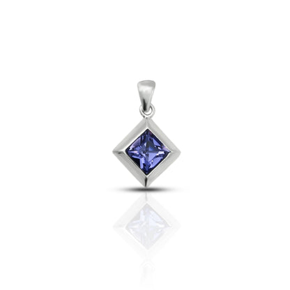 Sterling silver pendant featuring a tilted square design with a solitaire blue stone for a modern look