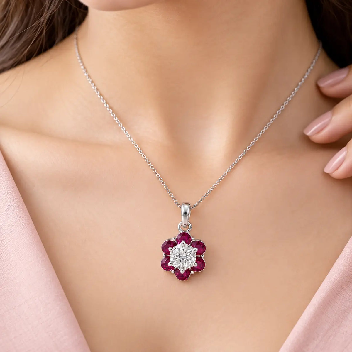 Floral Ruby Silver Pendant