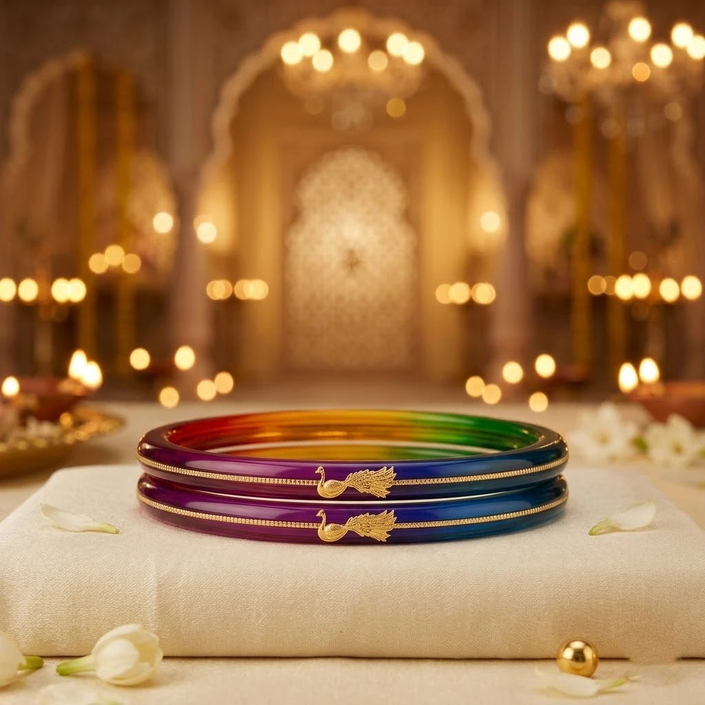 Rainbow Gradient Resin Bangles with Gold Peacock