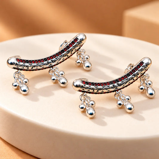 Gorgeous Silver Toe Ring with Red Stones, Black Stones & Ghungroo