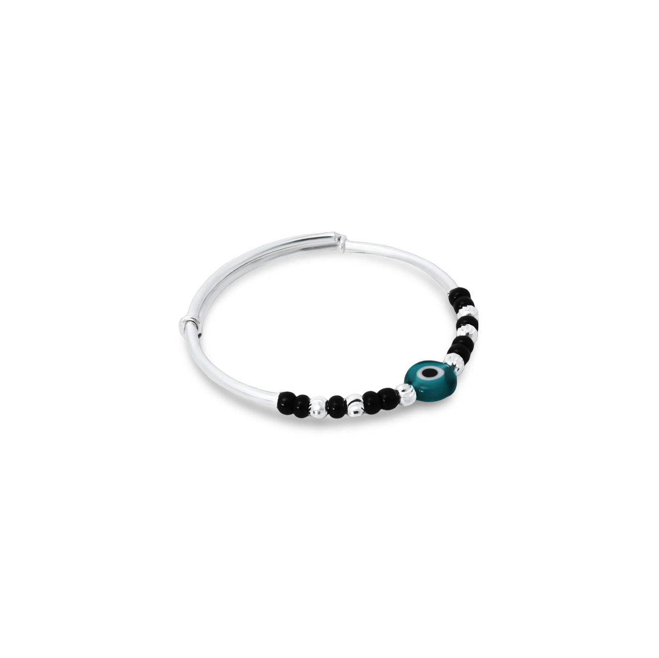 Cute silver kada anklet for babies with a green evil eye design and black and silver bead accents.